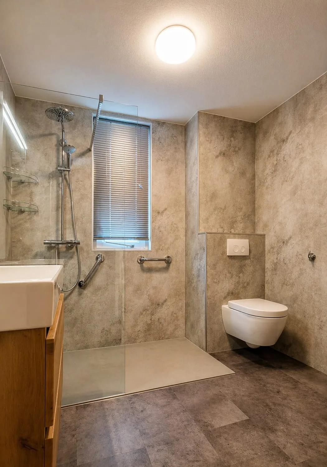 Levensloopbestendige badkamer met drempelloze inloopdouche, steunbeugels en hangtoilet
